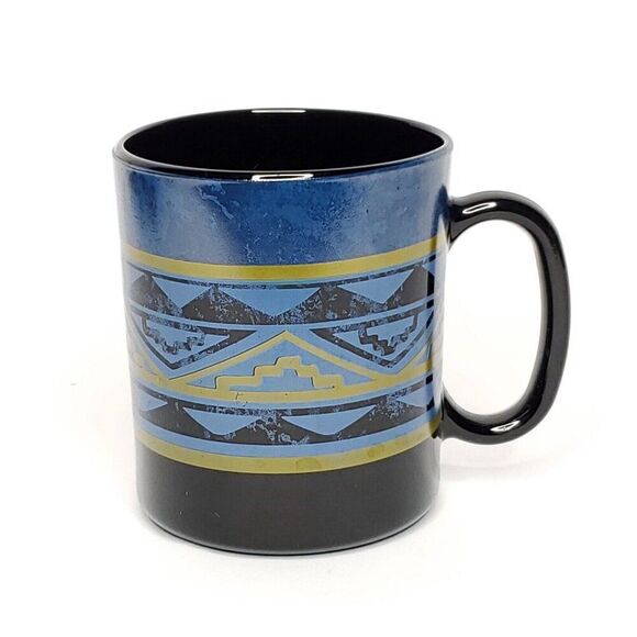 Southwestern Coffee Mug Black Glass Blue Green Geometric Western Tribal Aztec 4 - Picture 4 of 6